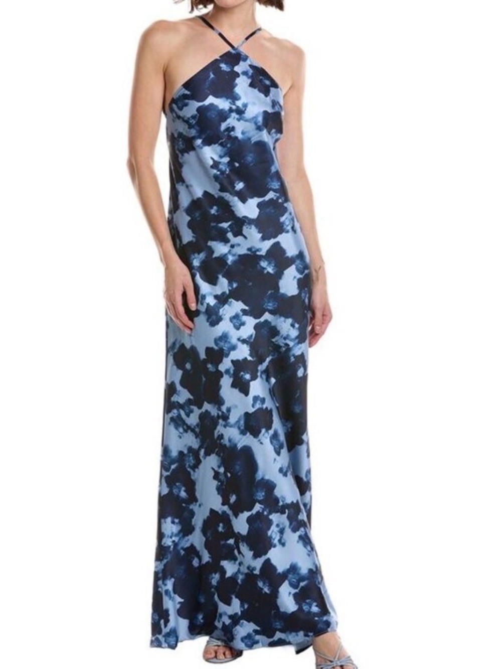 Navy & Light Blue Printed Cross-Halter Maxi Dress